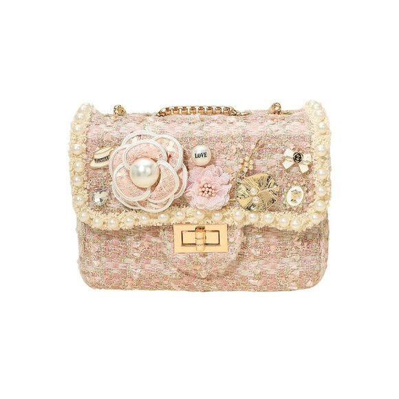 Tigerstars Pink Floral Pearly Beads Cluster Tweed Crossbody Bag - Picture 1 of 4